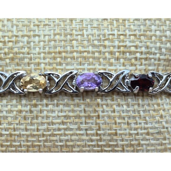 925 Sterling Silver Gemstone Tennis Bracelet Garnet, Amethyst, Citrine, Peridot - Picture 5 of 12
